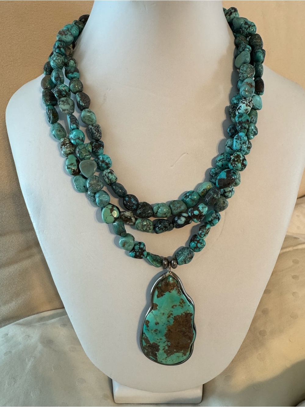 Turquoise Triple-Strand Stone Necklace with Large Turquoise Pendant